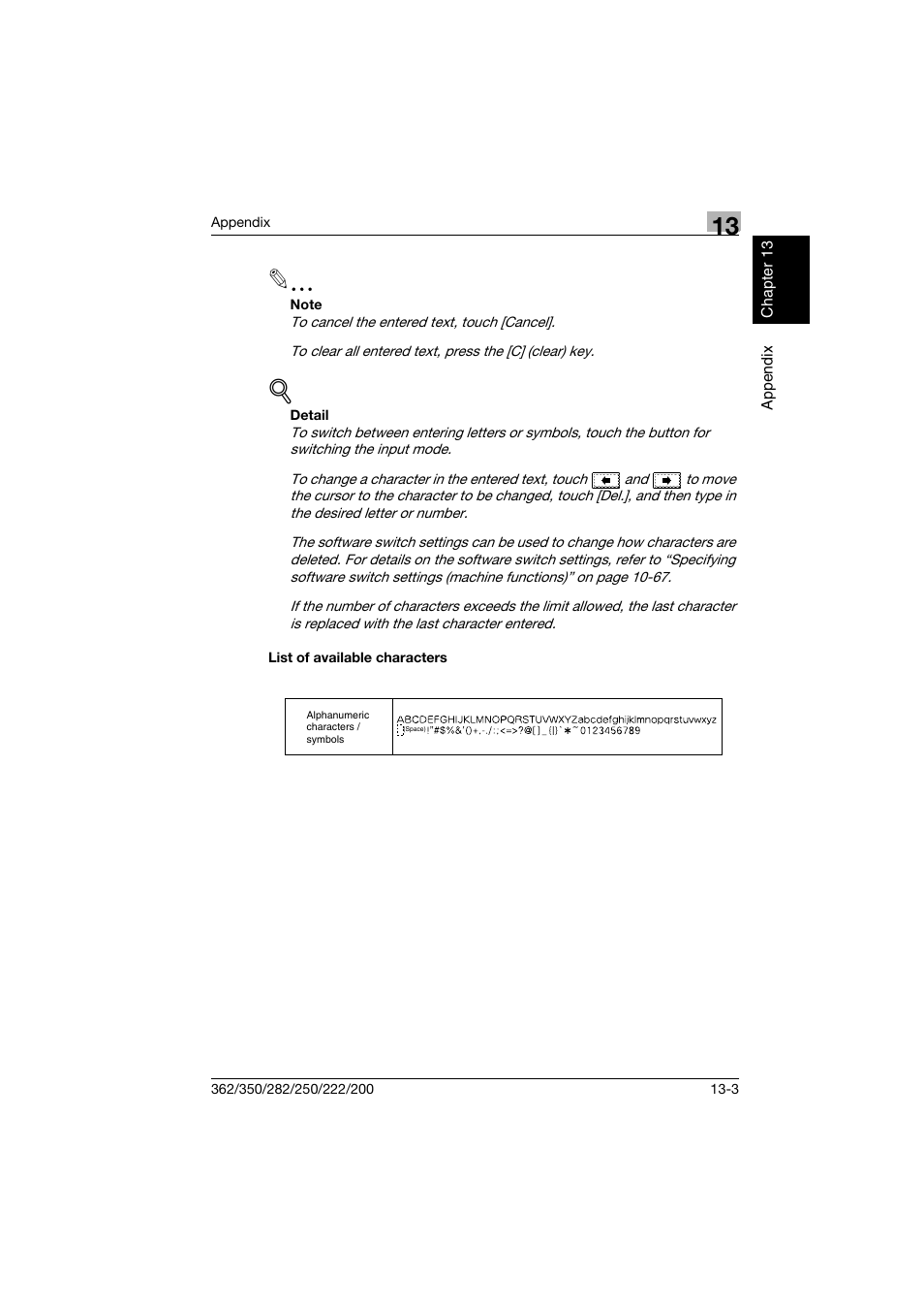 List of available characters, List of available characters -3 | Konica Minolta bizhub 222 User Manual | Page 354 / 366