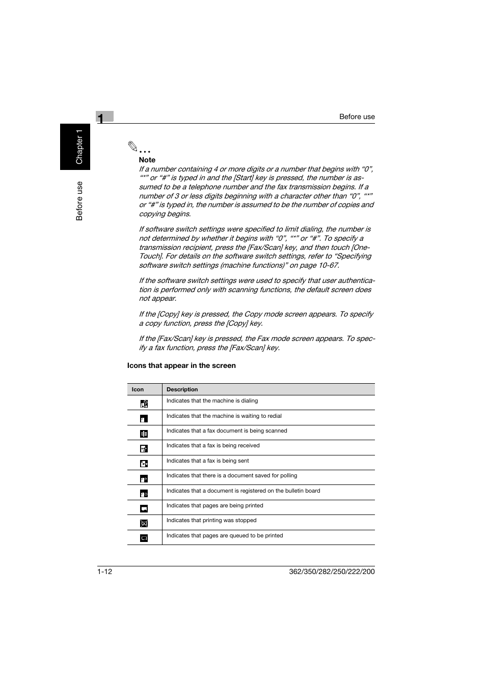 Icons that appear in the screen, Icons that appear in the screen -12 | Konica Minolta bizhub 222 User Manual | Page 41 / 366