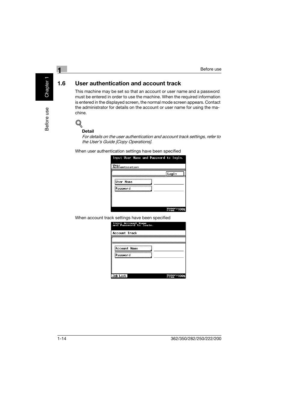 6 user authentication and account track, User authentication and account track -14 | Konica Minolta bizhub 222 User Manual | Page 43 / 366