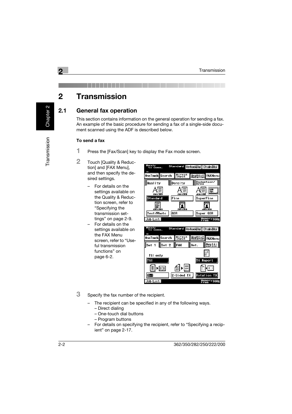 2 transmission, 1 general fax operation, To send a fax | Transmission, General fax operation -2, To send a fax -2, 2transmission | Konica Minolta bizhub 222 User Manual | Page 45 / 366