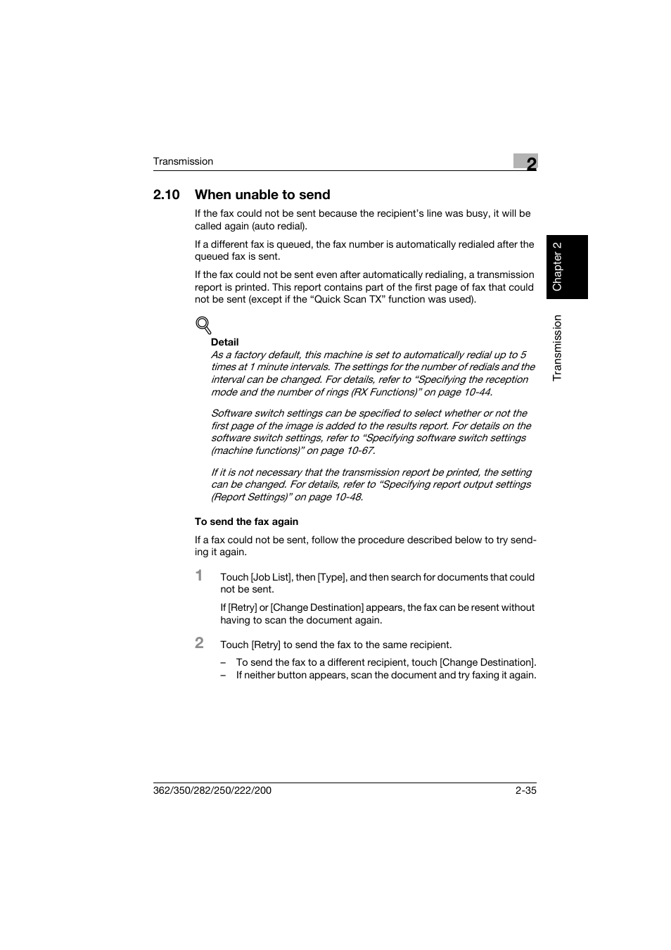 10 when unable to send, To send the fax again, When unable to send -35 | To send the fax again -35 | Konica Minolta bizhub 222 User Manual | Page 78 / 366