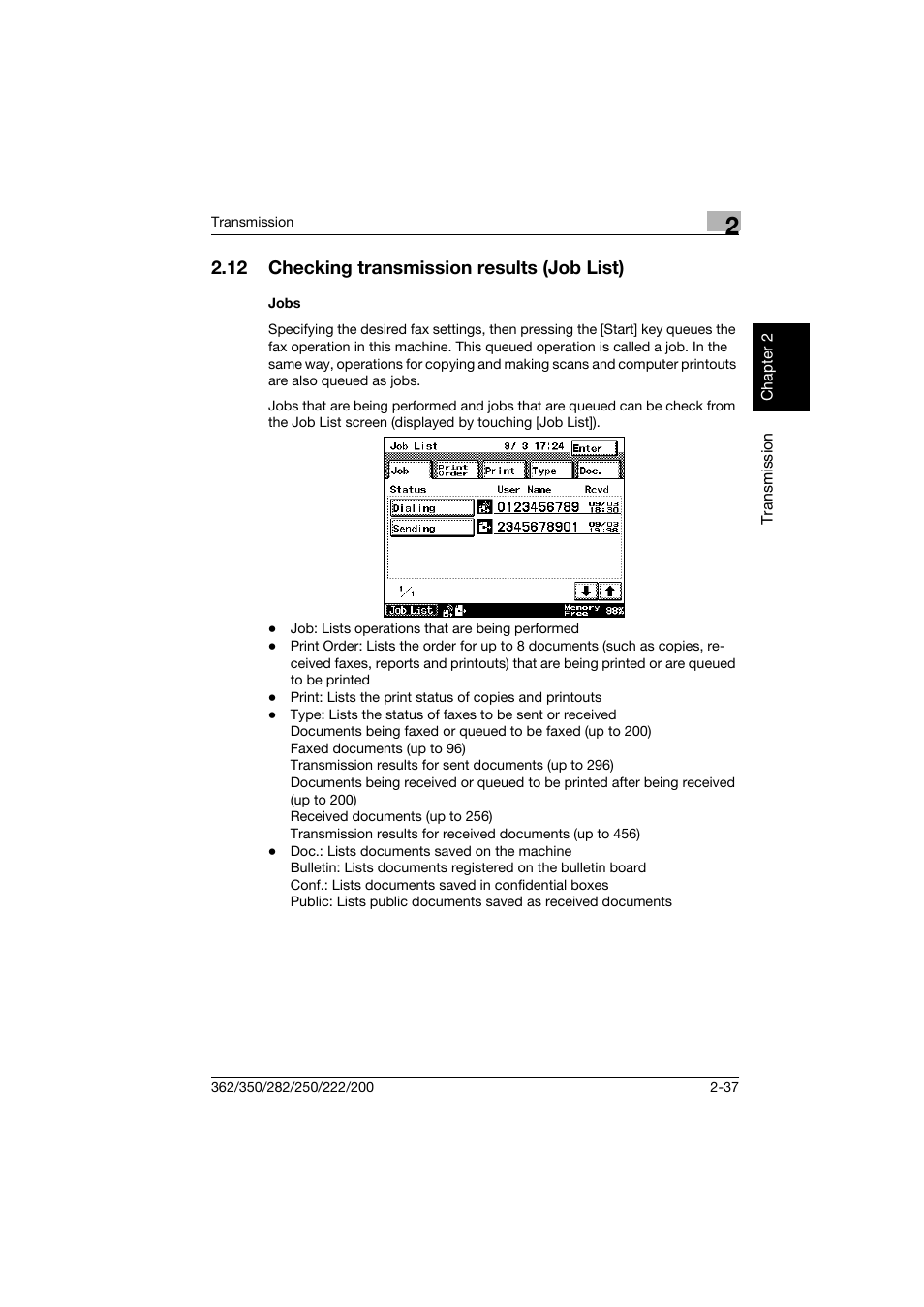12 checking transmission results (job list), Jobs, Checking transmission results (job list) -37 | Jobs -37 | Konica Minolta bizhub 222 User Manual | Page 80 / 366