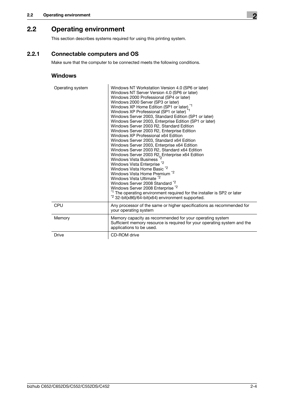 2 operating environment, 1 connectable computers and os, Windows | Operating environment -4, Connectable computers and os -4 windows -4 | Konica Minolta BIZHUB C652DS User Manual | Page 10 / 73
