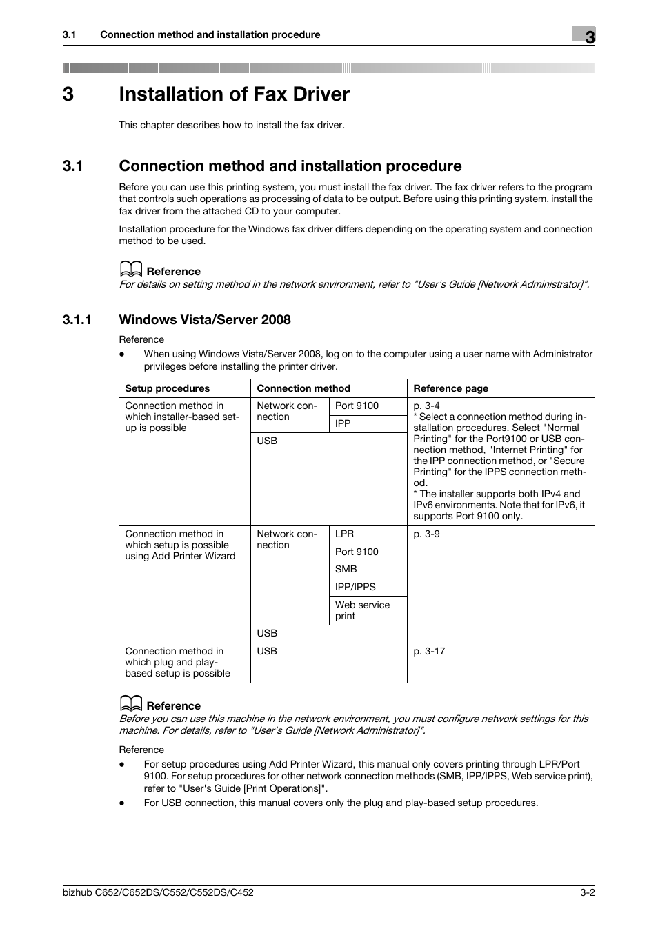 3 installation of fax driver, 1 connection method and installation procedure, 1 windows vista/server 2008 | Installation of fax driver, Connection method and installation procedure -2, Windows vista/server 2008 -2, 3installation of fax driver | Konica Minolta BIZHUB C652DS User Manual | Page 13 / 73