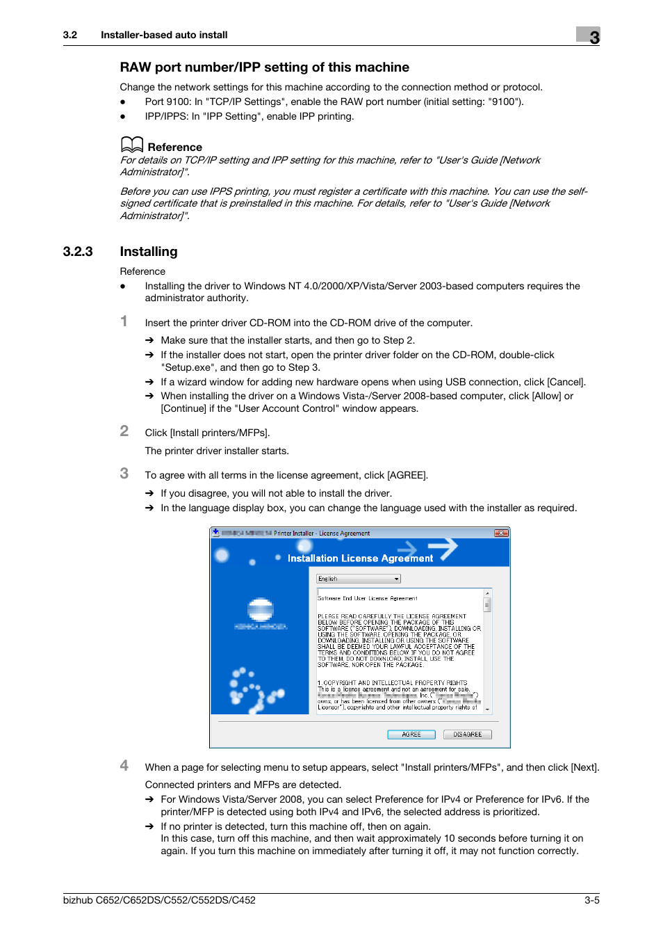 Raw port number/ipp setting of this machine, 3 installing, Raw port number/ipp setting of this machine -5 | Installing -5 | Konica Minolta BIZHUB C652DS User Manual | Page 16 / 73