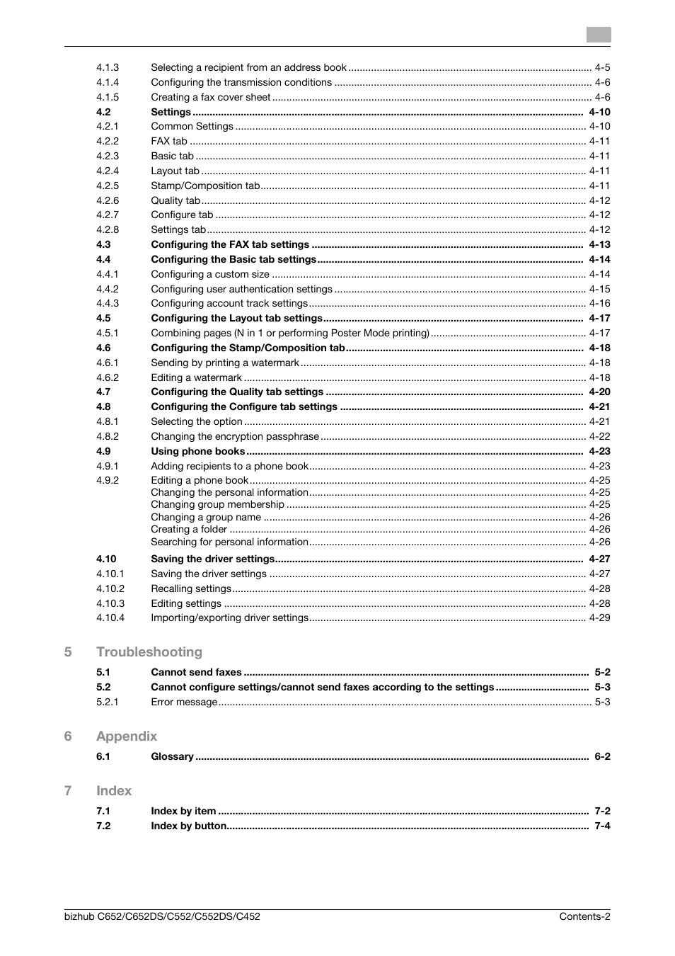 5troubleshooting, 6appendix, 7index | Konica Minolta BIZHUB C652DS User Manual | Page 3 / 73