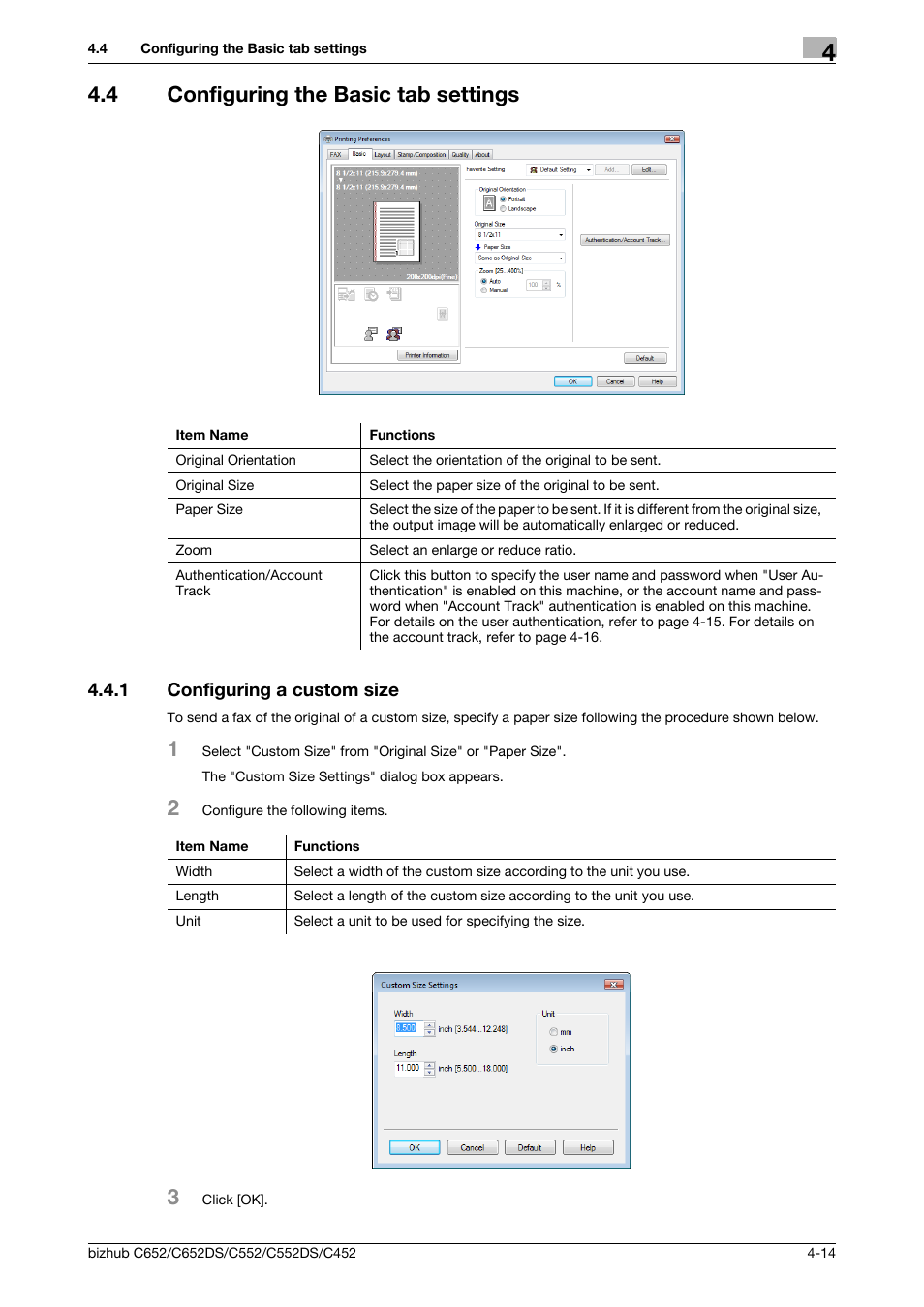 4 configuring the basic tab settings, 1 configuring a custom size, Configuring the basic tab settings -14 | Configuring a custom size -14 | Konica Minolta BIZHUB C652DS User Manual | Page 45 / 73
