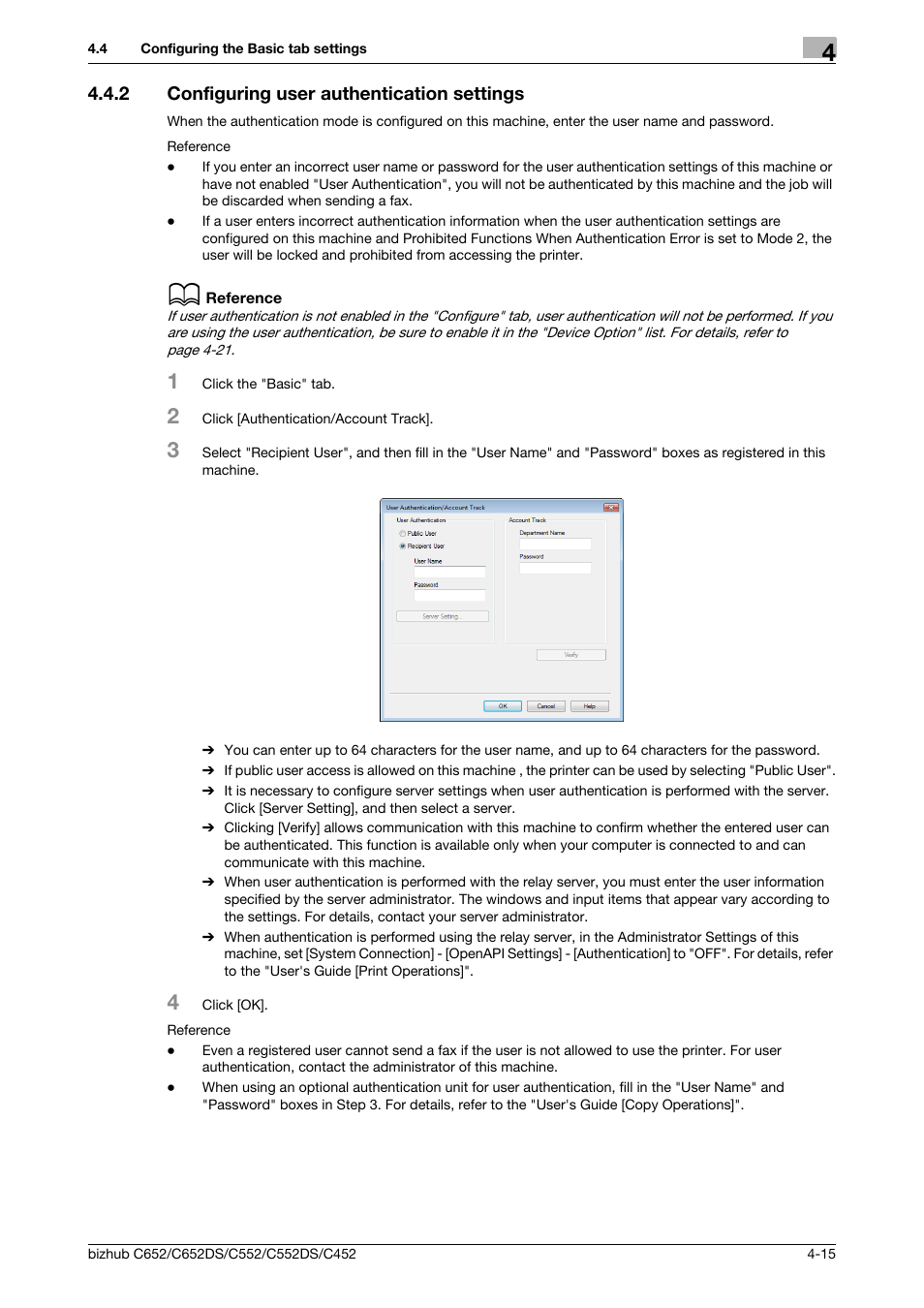 2 configuring user authentication settings, Configuring user authentication settings -15 | Konica Minolta BIZHUB C652DS User Manual | Page 46 / 73
