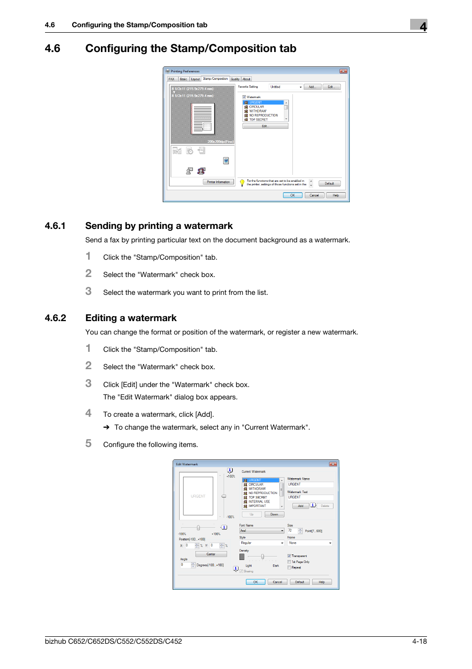 6 configuring the stamp/composition tab, 1 sending by printing a watermark, 2 editing a watermark | Configuring the stamp/composition tab -18, Sending by printing a watermark -18, Editing a watermark -18 | Konica Minolta BIZHUB C652DS User Manual | Page 49 / 73