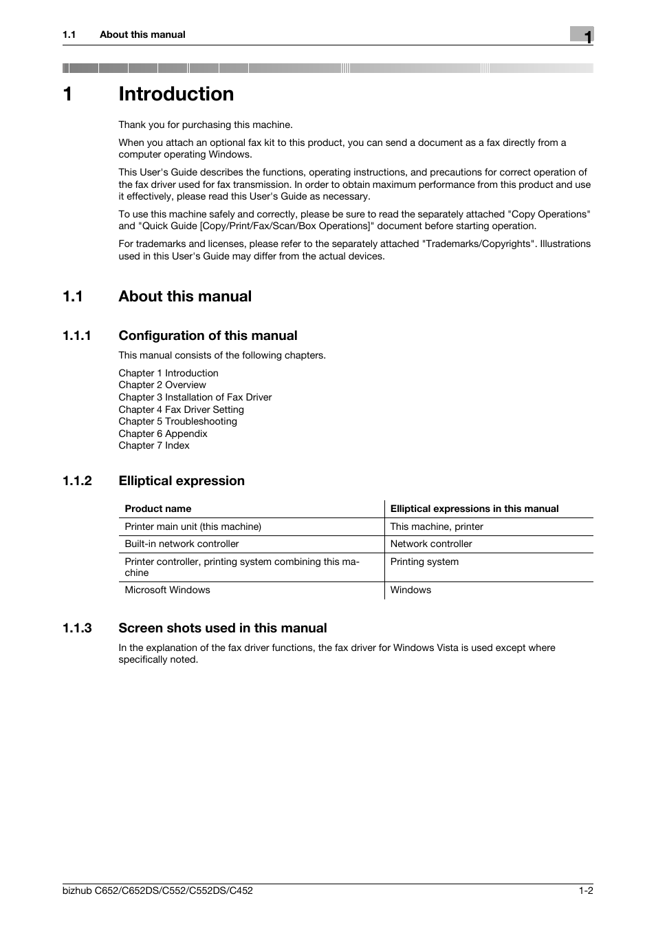 1 introduction, 1 about this manual, 1 configuration of this manual | 2 elliptical expression, 3 screen shots used in this manual, Introduction, About this manual -2, Configuration of this manual -2, Elliptical expression -2, Screen shots used in this manual -2 | Konica Minolta BIZHUB C652DS User Manual | Page 5 / 73