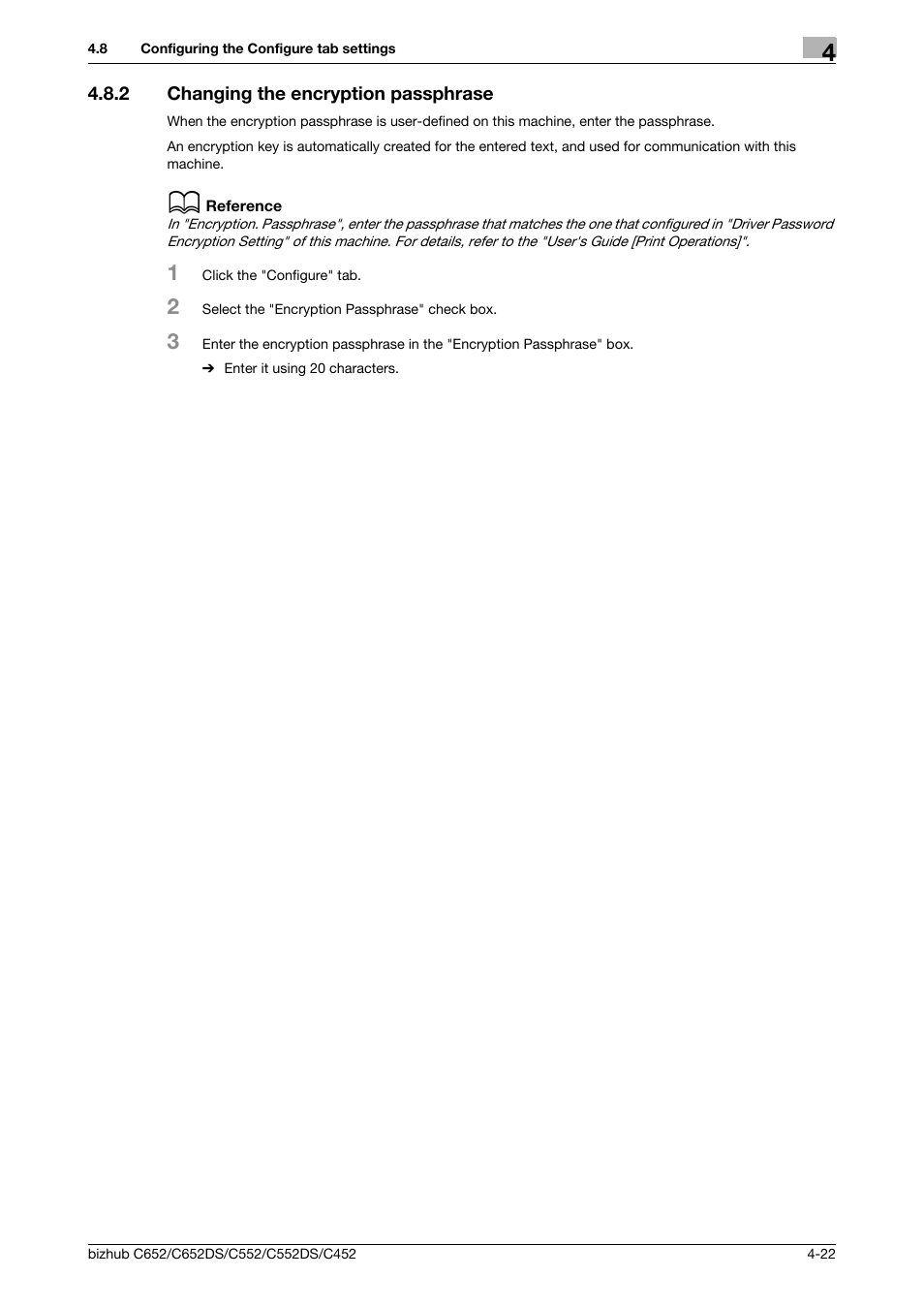 2 changing the encryption passphrase, Changing the encryption passphrase -22 | Konica Minolta BIZHUB C652DS User Manual | Page 53 / 73