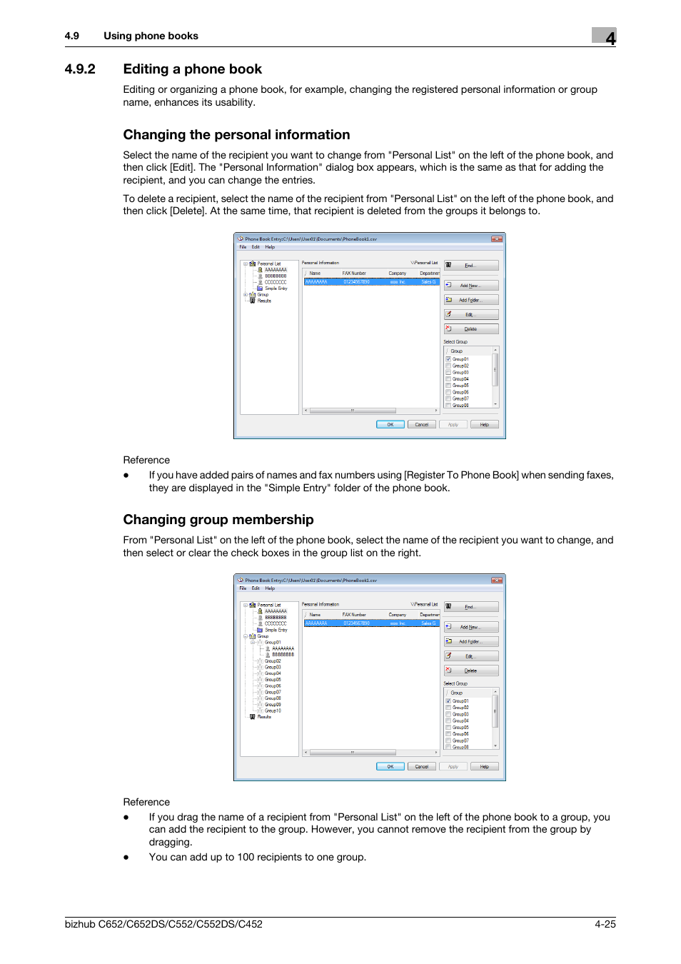 2 editing a phone book, Changing the personal information, Changing group membership | Konica Minolta BIZHUB C652DS User Manual | Page 56 / 73