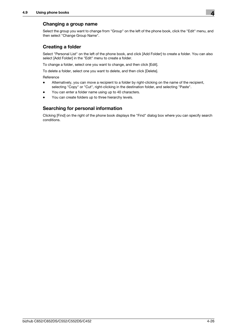 Changing a group name, Creating a folder, Searching for personal information | Konica Minolta BIZHUB C652DS User Manual | Page 57 / 73