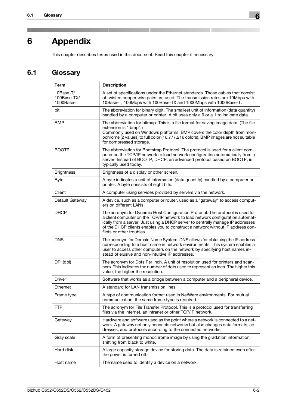 6 appendix, 1 glossary, Appendix | Glossary -2, 6appendix | Konica Minolta BIZHUB C652DS User Manual | Page 65 / 73