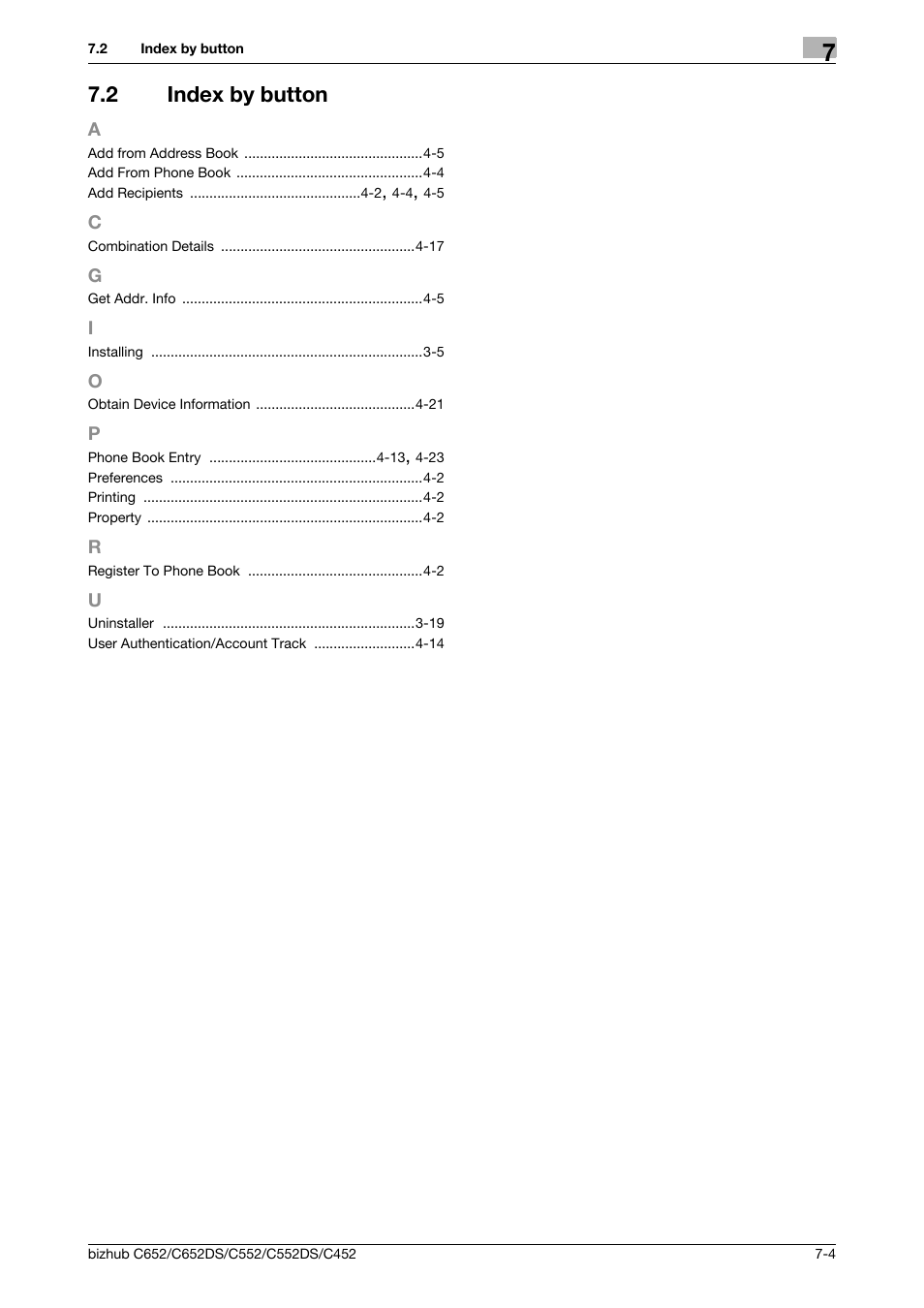 2 index by button, A to u, Index by button -4 | Konica Minolta BIZHUB C652DS User Manual | Page 72 / 73