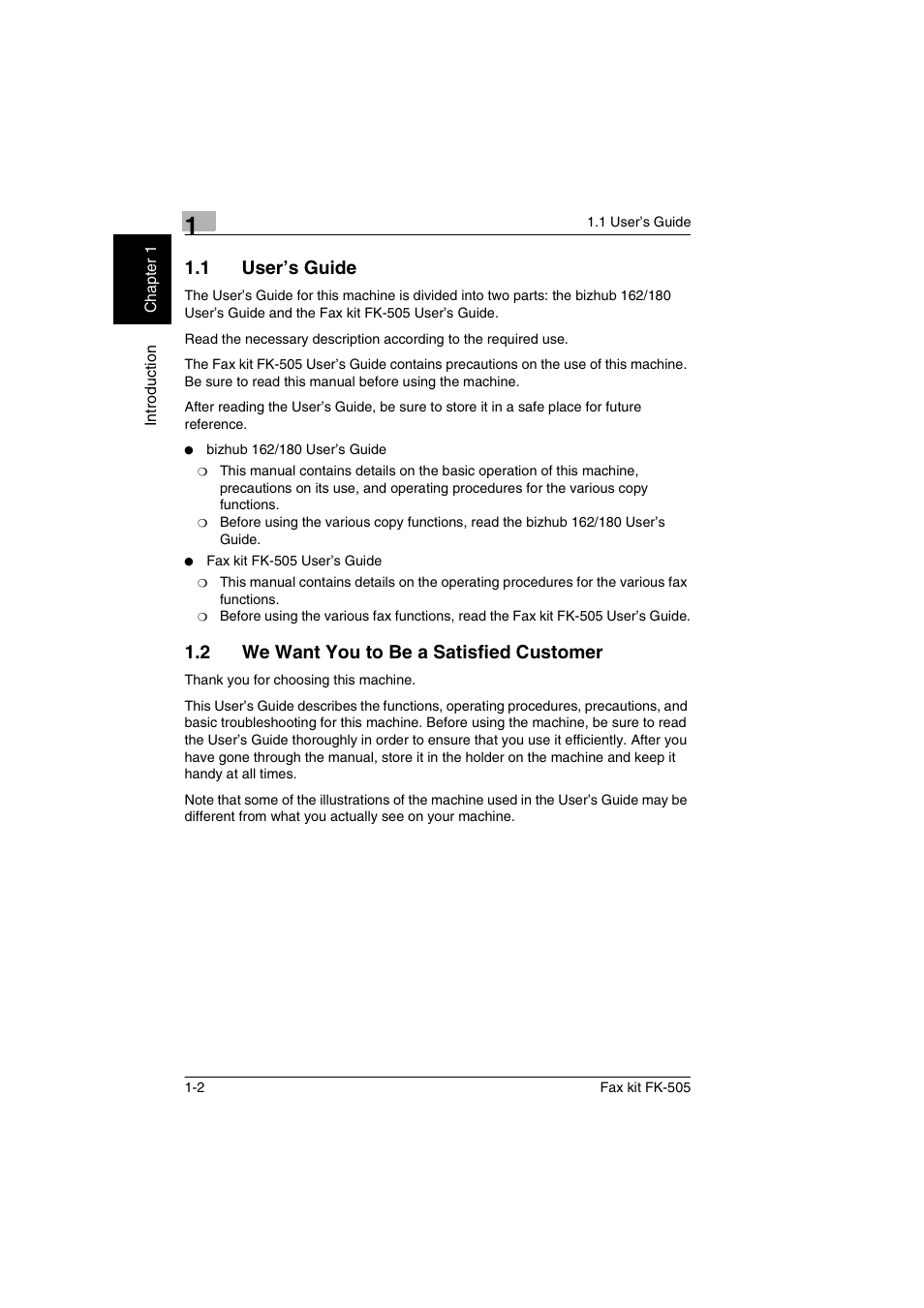 1 user’s guide, 2 we want you to be a satisfied customer, User’s guide -2 | We want you to be a satisfied customer -2 | Konica Minolta FK-505 User Manual | Page 13 / 190