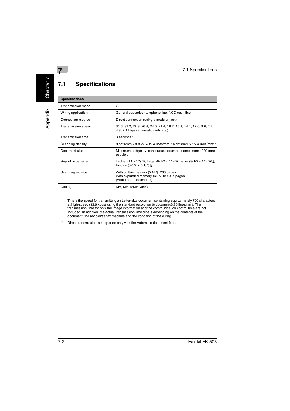 1 specifications, Specifications -2 | Konica Minolta FK-505 User Manual | Page 157 / 190