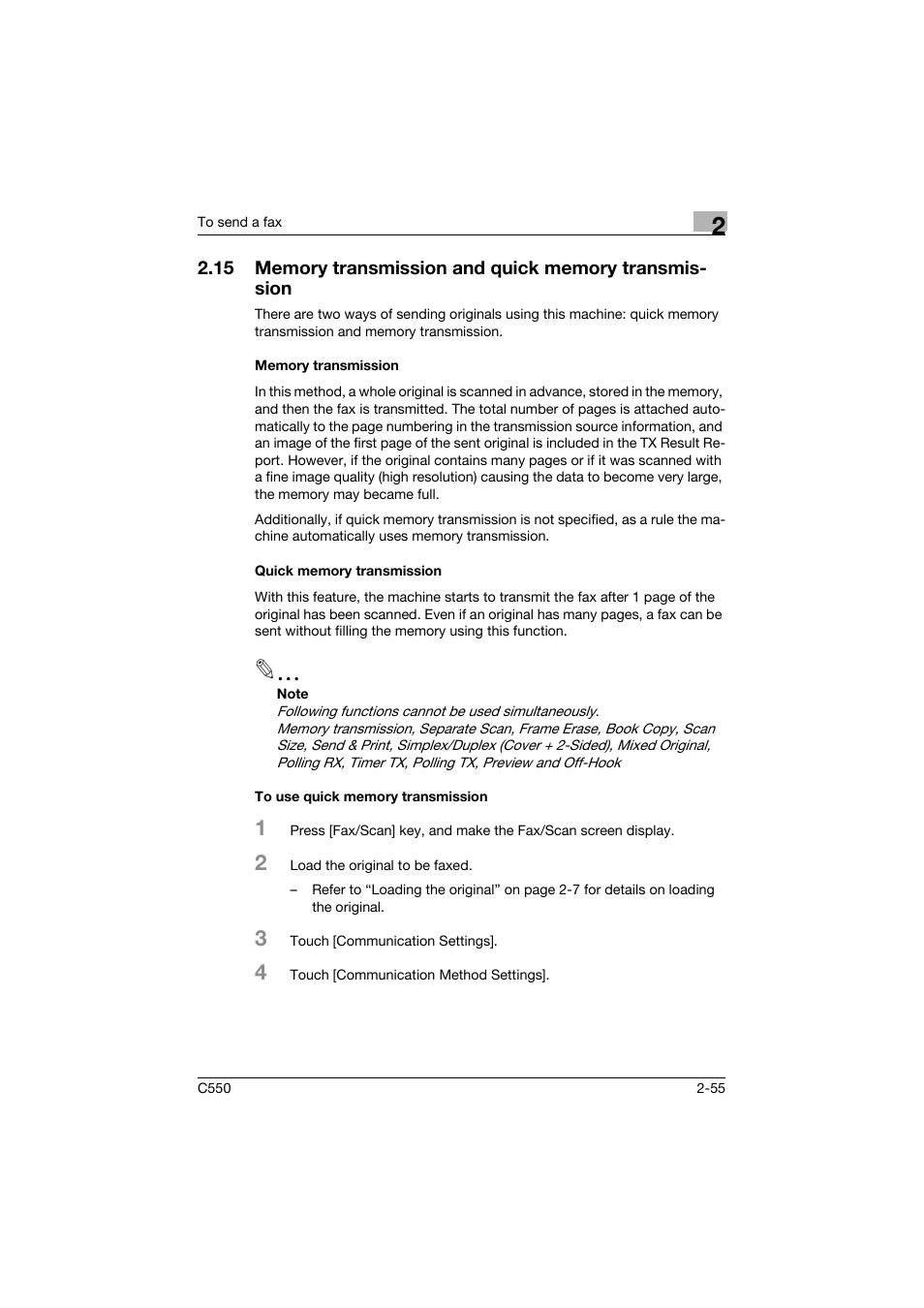 Memory transmission, Quick memory transmission, To use quick memory transmission | Konica Minolta bizhub C550 User Manual | Page 111 / 491