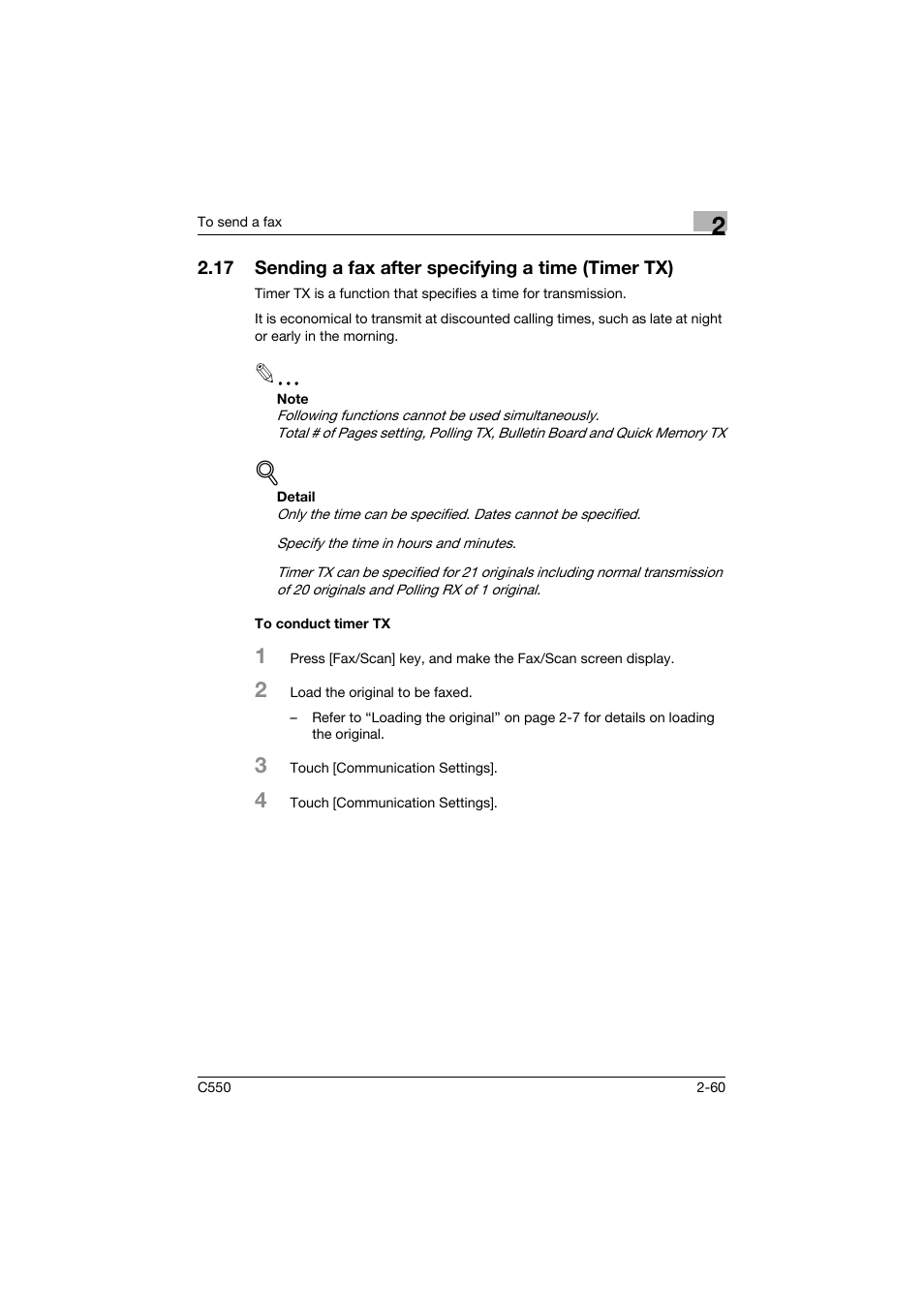 To conduct timer tx, To conduct timer tx -60 | Konica Minolta bizhub C550 User Manual | Page 116 / 491