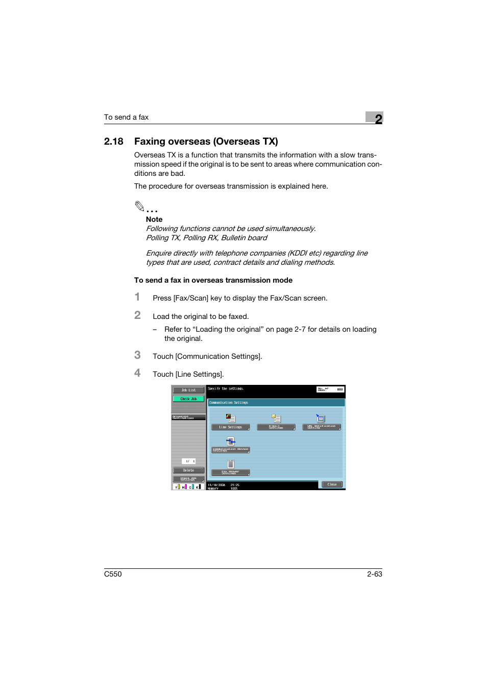 18 faxing overseas (overseas tx), To send a fax in overseas transmission mode, Faxing overseas (overseas tx) -63 | To send a fax in overseas transmission mode -63 | Konica Minolta bizhub C550 User Manual | Page 119 / 491