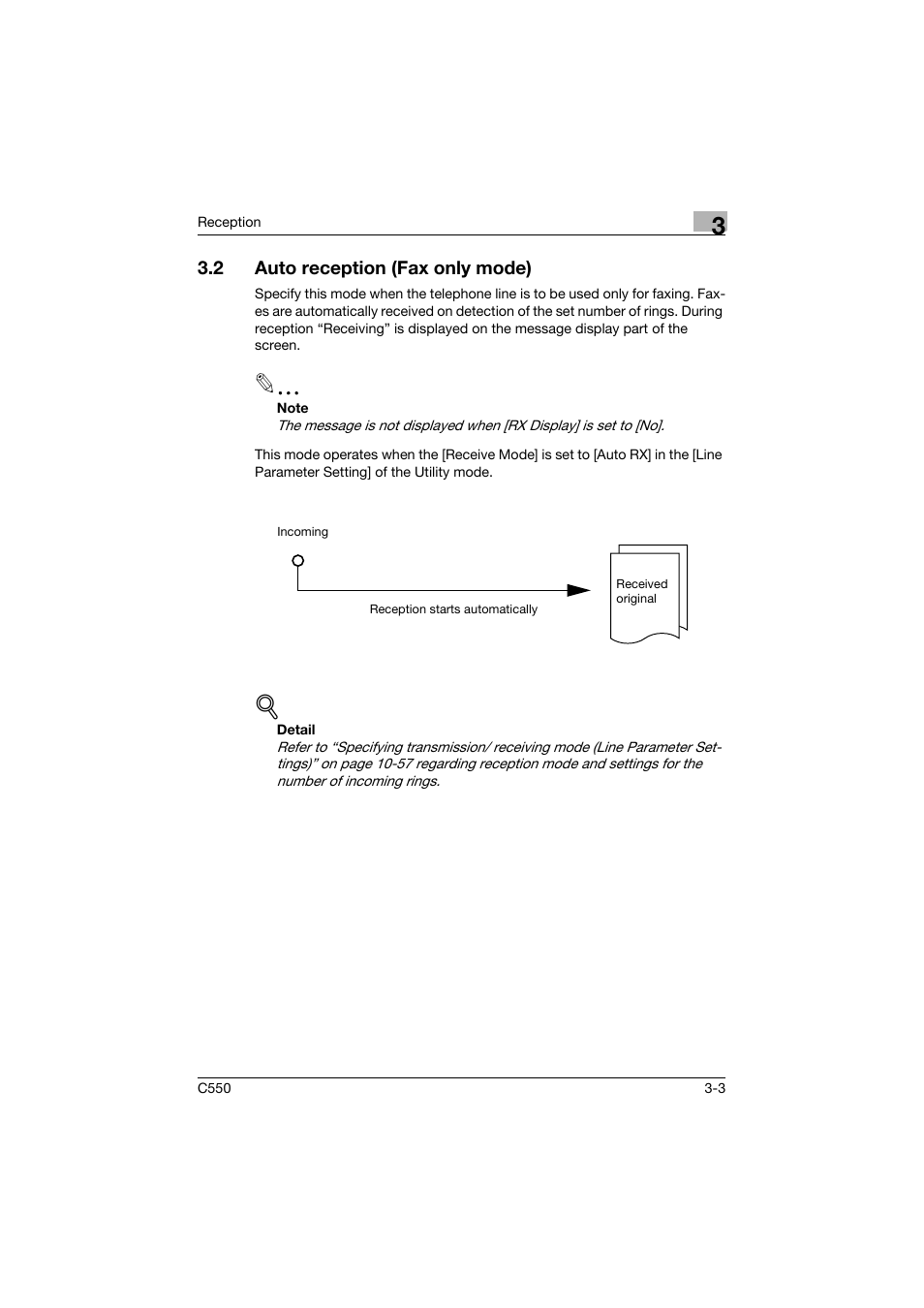 2 auto reception (fax only mode), Auto reception (fax only mode) -3 | Konica Minolta bizhub C550 User Manual | Page 134 / 491
