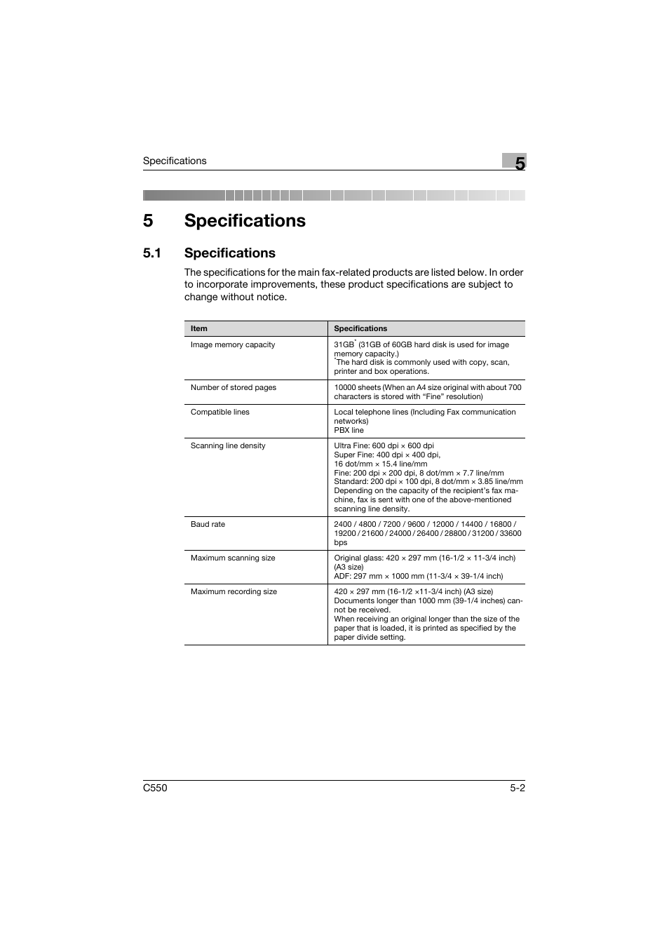 5 specifications, 1 specifications, Specifications | Specifications -2, 5specifications | Konica Minolta bizhub C550 User Manual | Page 159 / 491