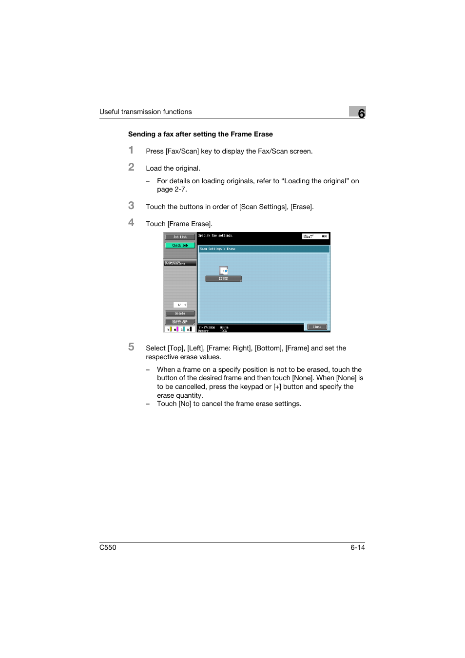 Sending a fax after setting the frame erase, Sending a fax after setting the frame erase -14 | Konica Minolta bizhub C550 User Manual | Page 173 / 491