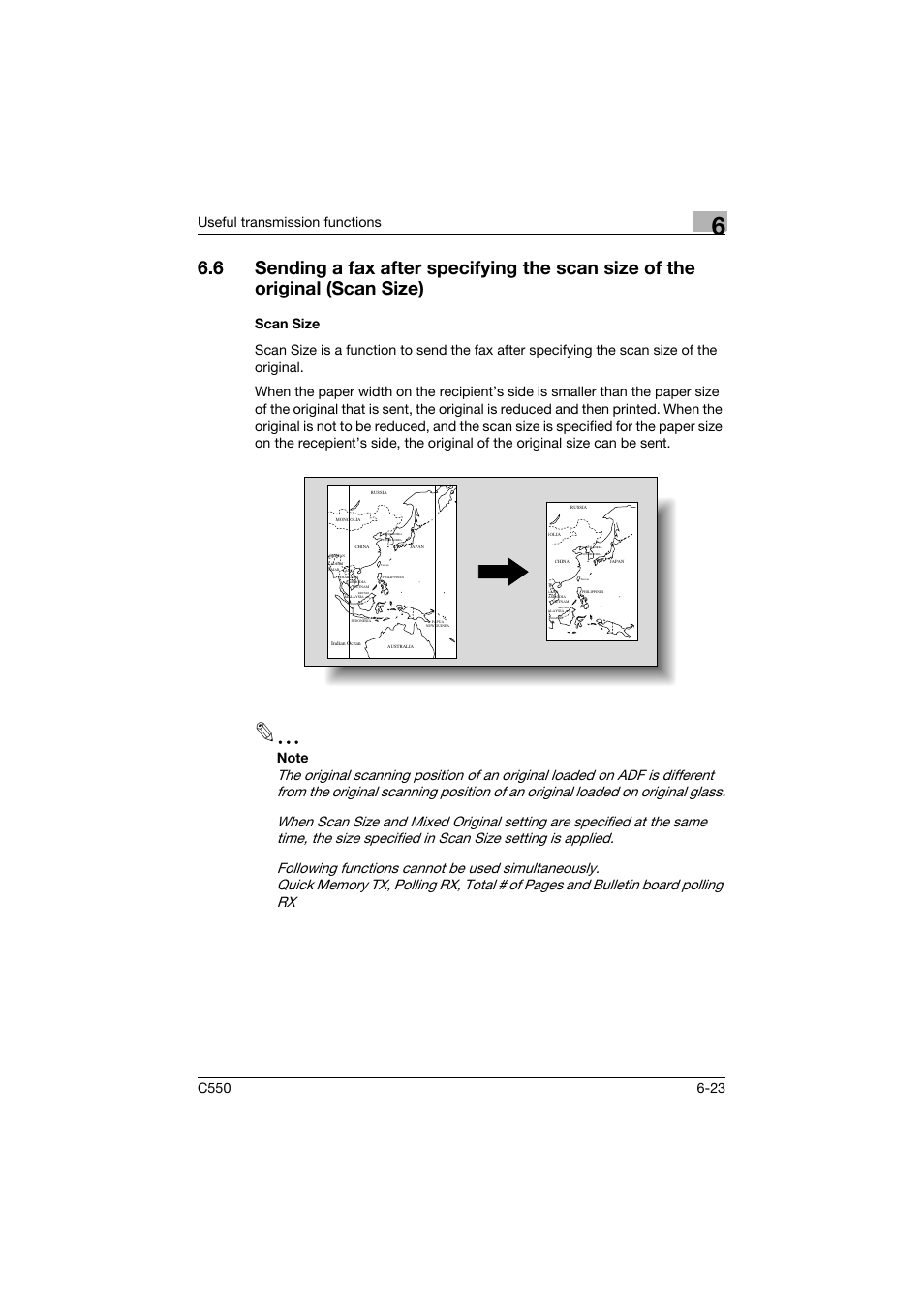 Scan size, Scan size -23, Useful transmission functions | Konica Minolta bizhub C550 User Manual | Page 182 / 491