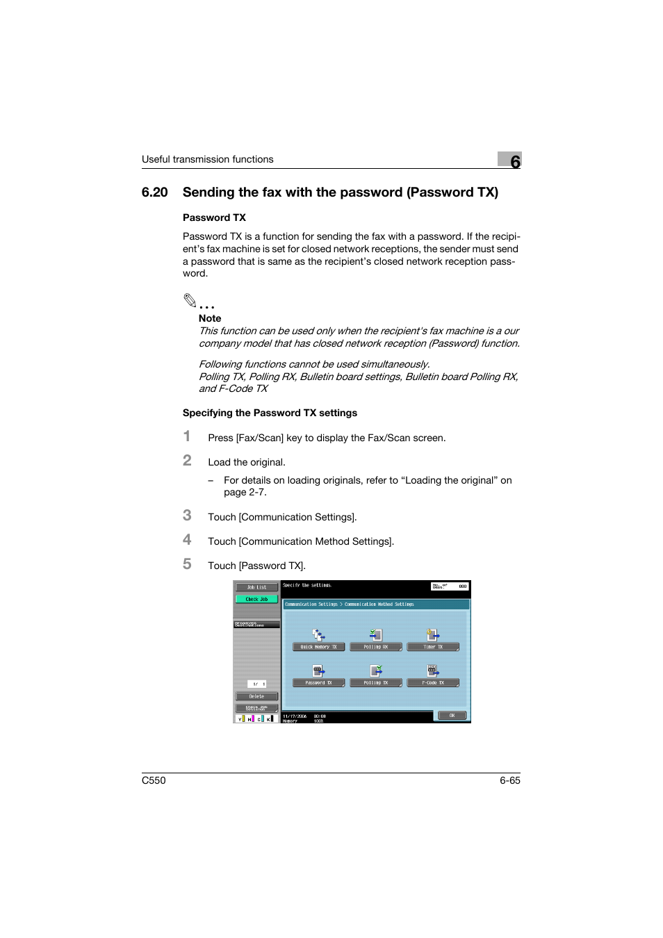 20 sending the fax with the password (password tx), Password tx, Specifying the password tx settings | Konica Minolta bizhub C550 User Manual | Page 224 / 491