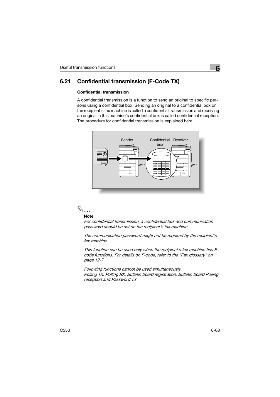 21 confidential transmission (f-code tx), Confidential transmission, Confidential transmission (f-code tx) -68 | Confidential transmission -68 | Konica Minolta bizhub C550 User Manual | Page 227 / 491