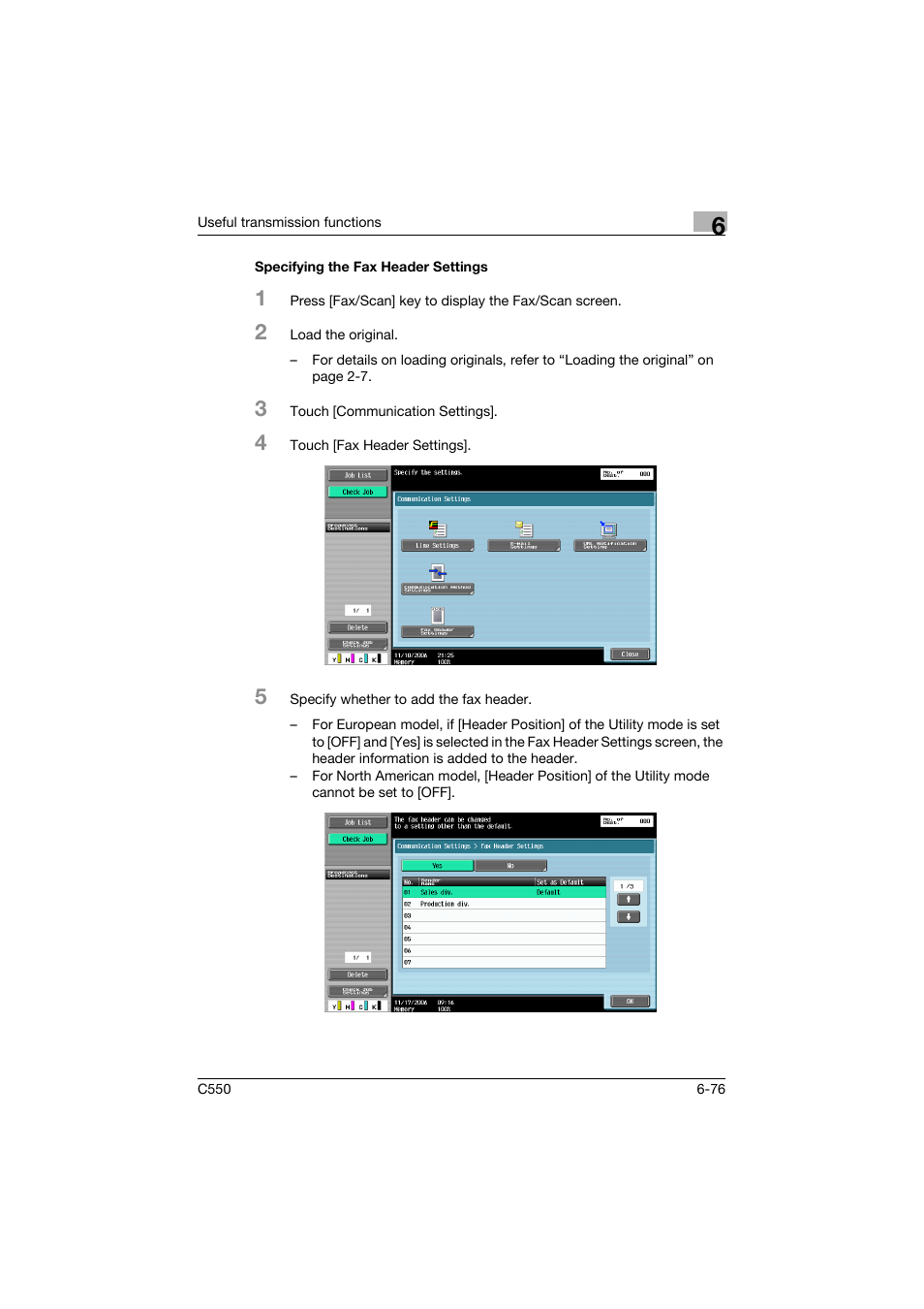 Specifying the fax header settings, Specifying the fax header settings -76 | Konica Minolta bizhub C550 User Manual | Page 235 / 491