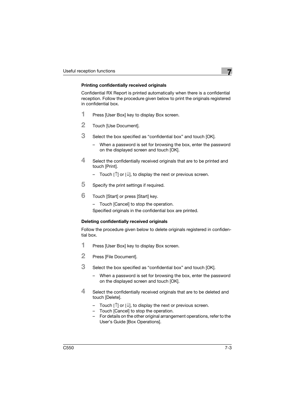 Printing confidentially received originals, Deleting confidentially received originals | Konica Minolta bizhub C550 User Manual | Page 239 / 491