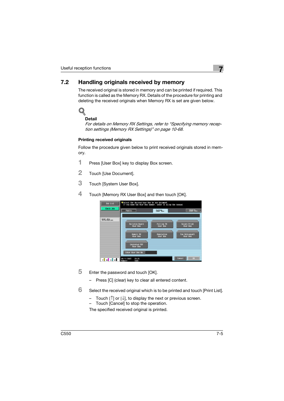 2 handling originals received by memory, Printing received originals, Handling originals received by memory -5 | Printing received originals -5 | Konica Minolta bizhub C550 User Manual | Page 241 / 491