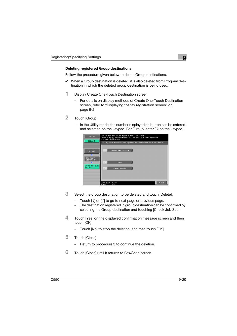 Deleting registered group destinations, Deleting registered group destinations -20 | Konica Minolta bizhub C550 User Manual | Page 280 / 491