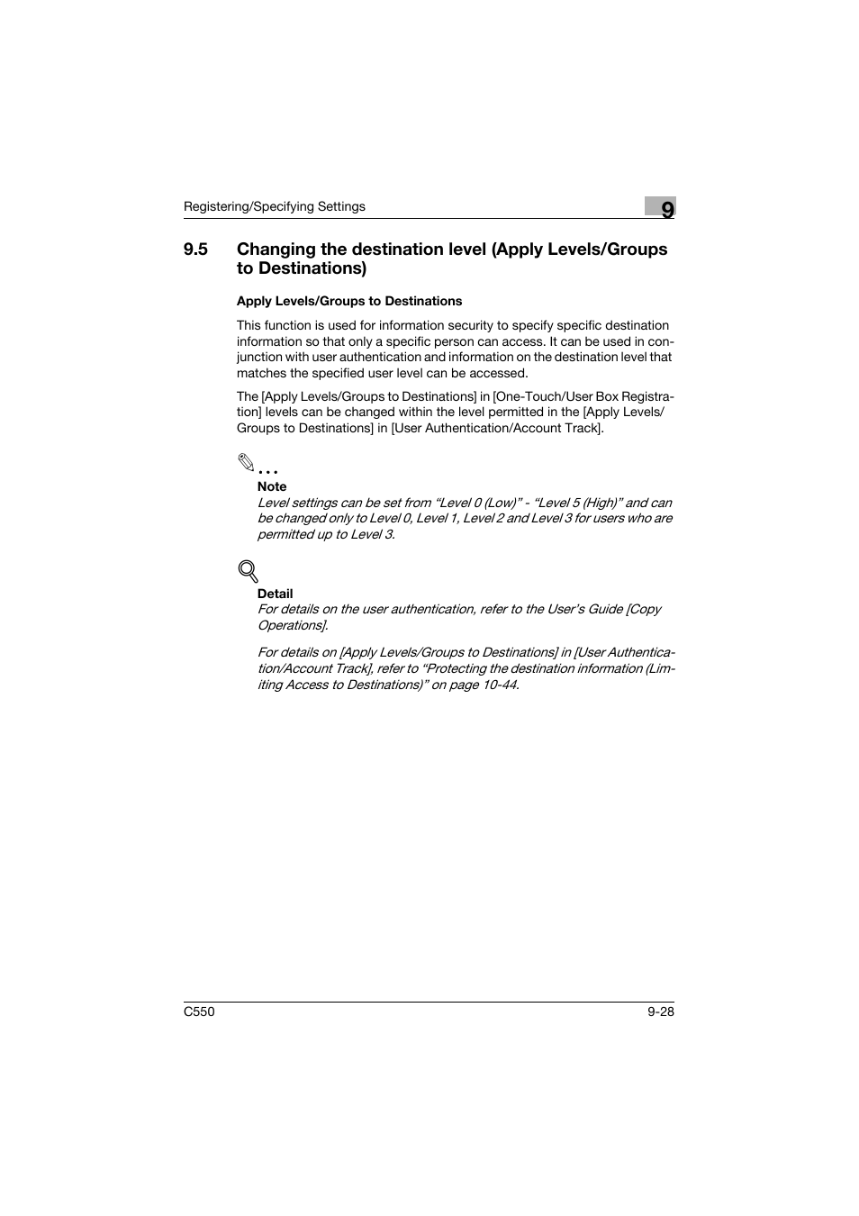 Apply levels/groups to destinations, Apply levels/groups to destinations -28 | Konica Minolta bizhub C550 User Manual | Page 288 / 491