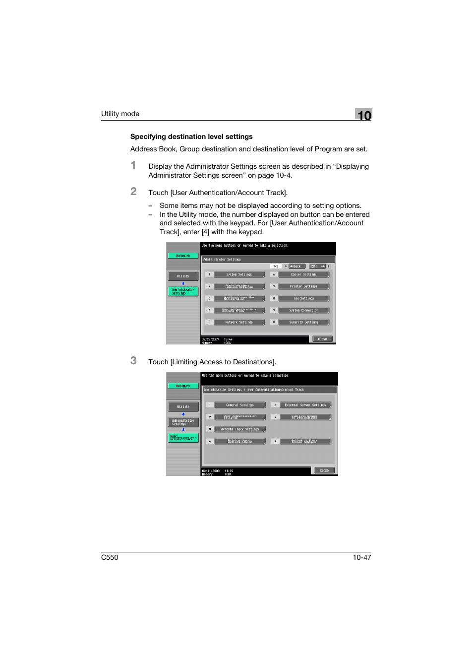 Specifying destination level settings, Specifying destination level settings -47 | Konica Minolta bizhub C550 User Manual | Page 353 / 491