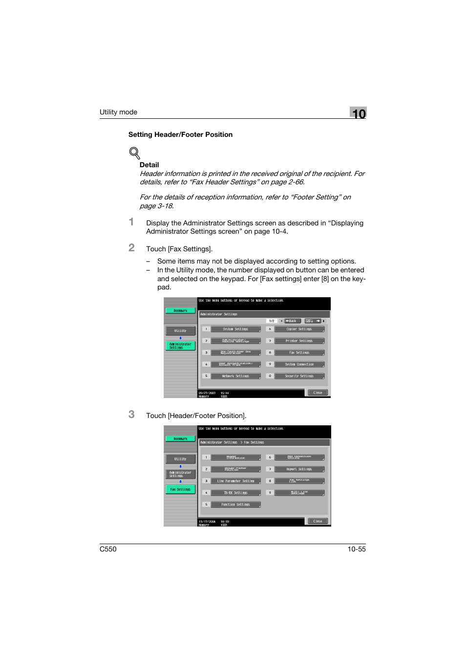 Setting header/footer position, Setting header/footer position -55 | Konica Minolta bizhub C550 User Manual | Page 361 / 491