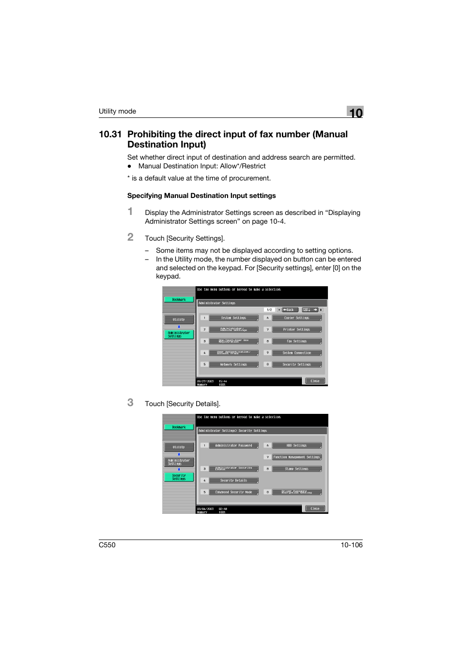 Specifying manual destination input settings, 31 prohibiting the direct input of fax number, Manual destination input) -106 | Specifying manual destination input settings -106 | Konica Minolta bizhub C550 User Manual | Page 412 / 491