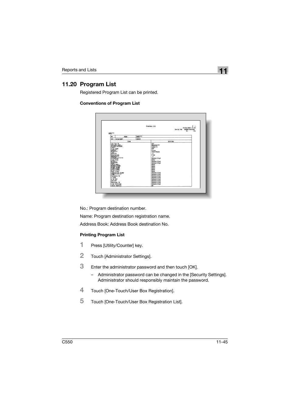 20 program list, Conventions of program list, Printing program list | 20 program list -45 | Konica Minolta bizhub C550 User Manual | Page 467 / 491