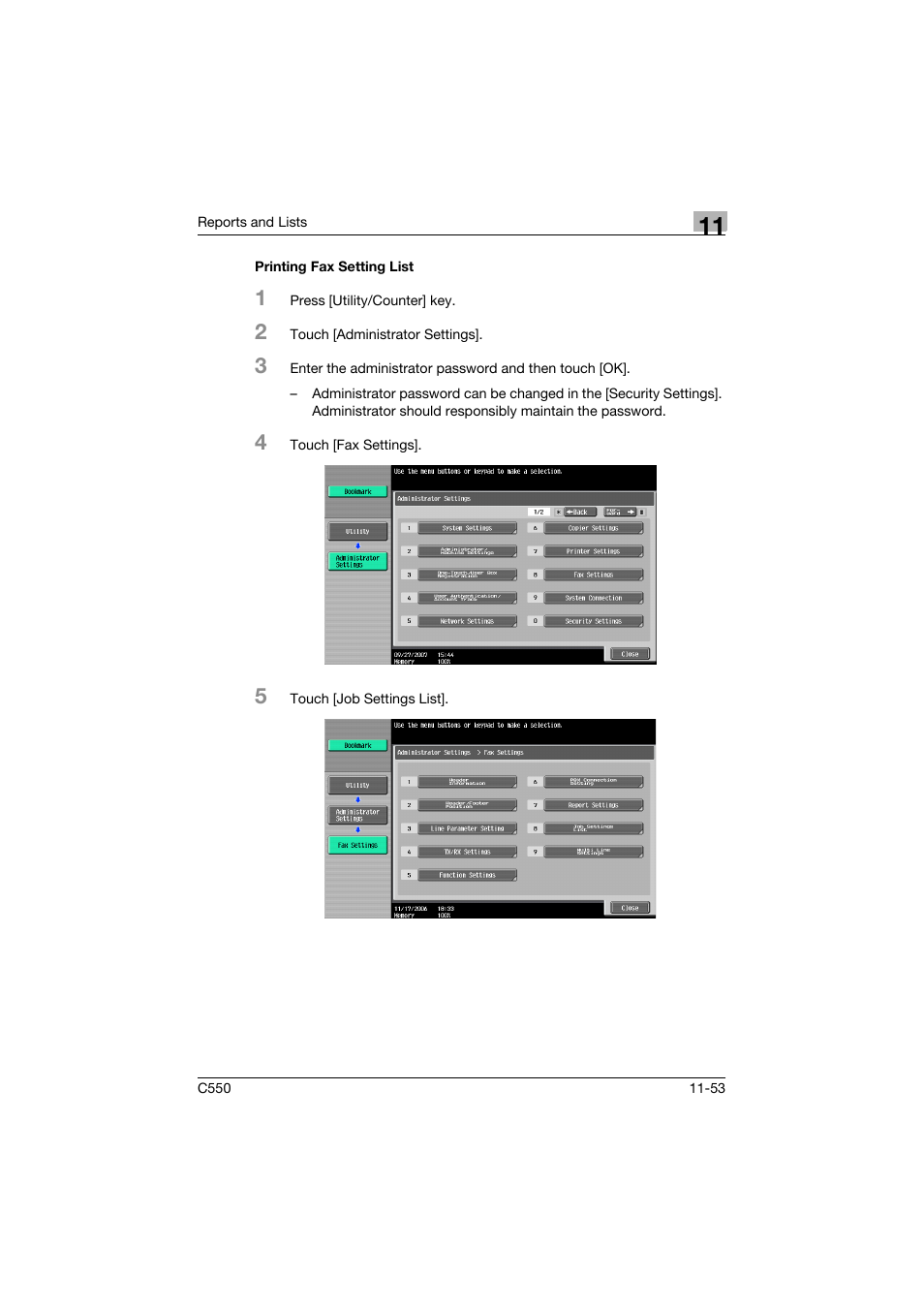 Printing fax setting list, Printing fax setting list -53 | Konica Minolta bizhub C550 User Manual | Page 475 / 491