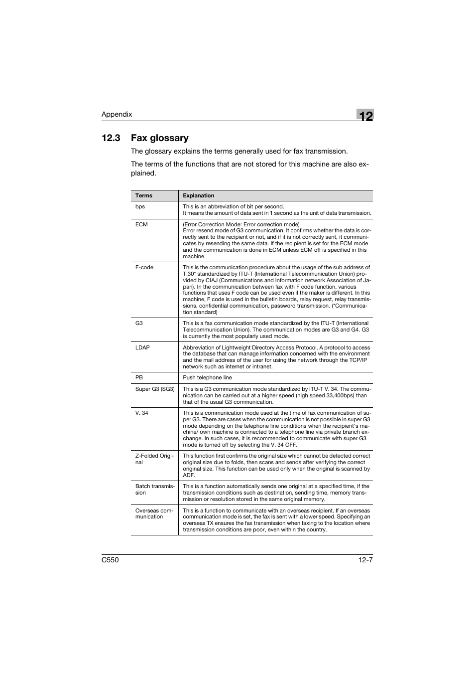 3 fax glossary, Fax glossary -7 | Konica Minolta bizhub C550 User Manual | Page 483 / 491