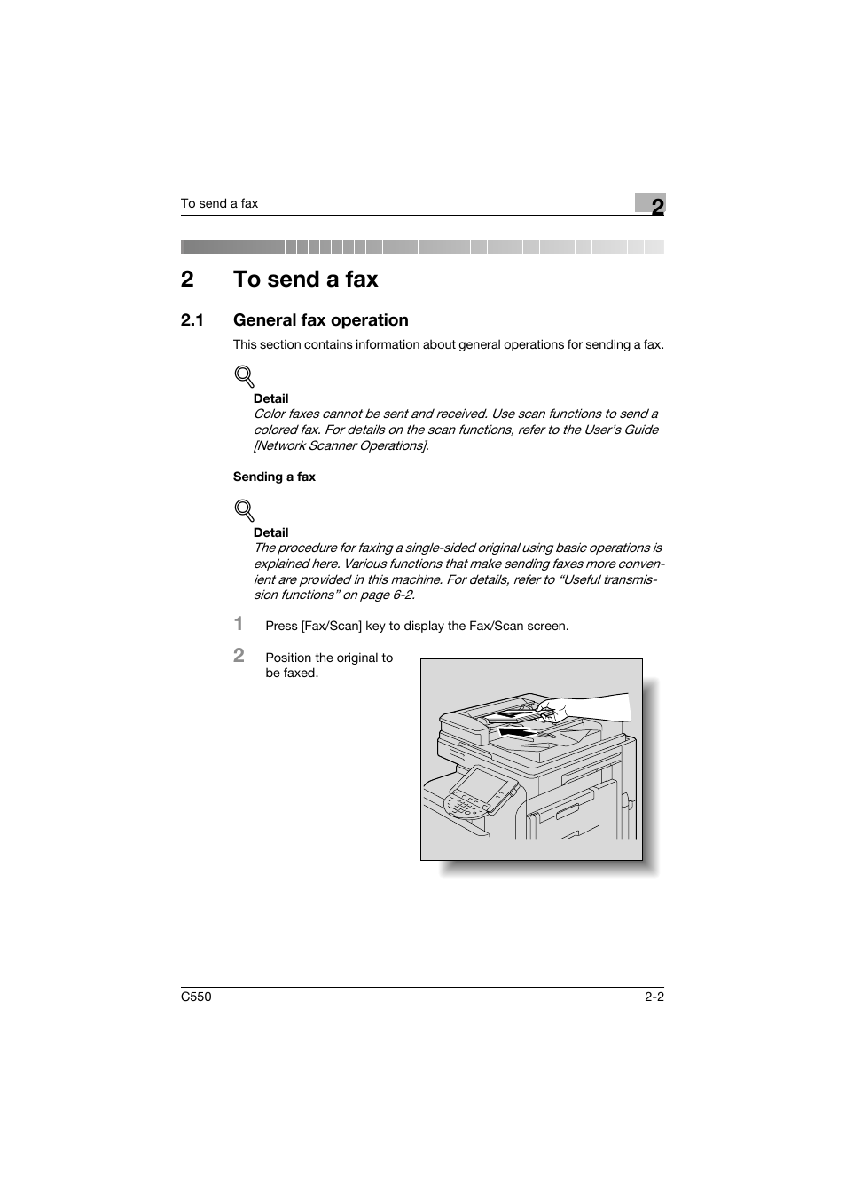 2 to send a fax, 1 general fax operation, Sending a fax | To send a fax, General fax operation -2, Sending a fax -2, 2to send a fax | Konica Minolta bizhub C550 User Manual | Page 58 / 491