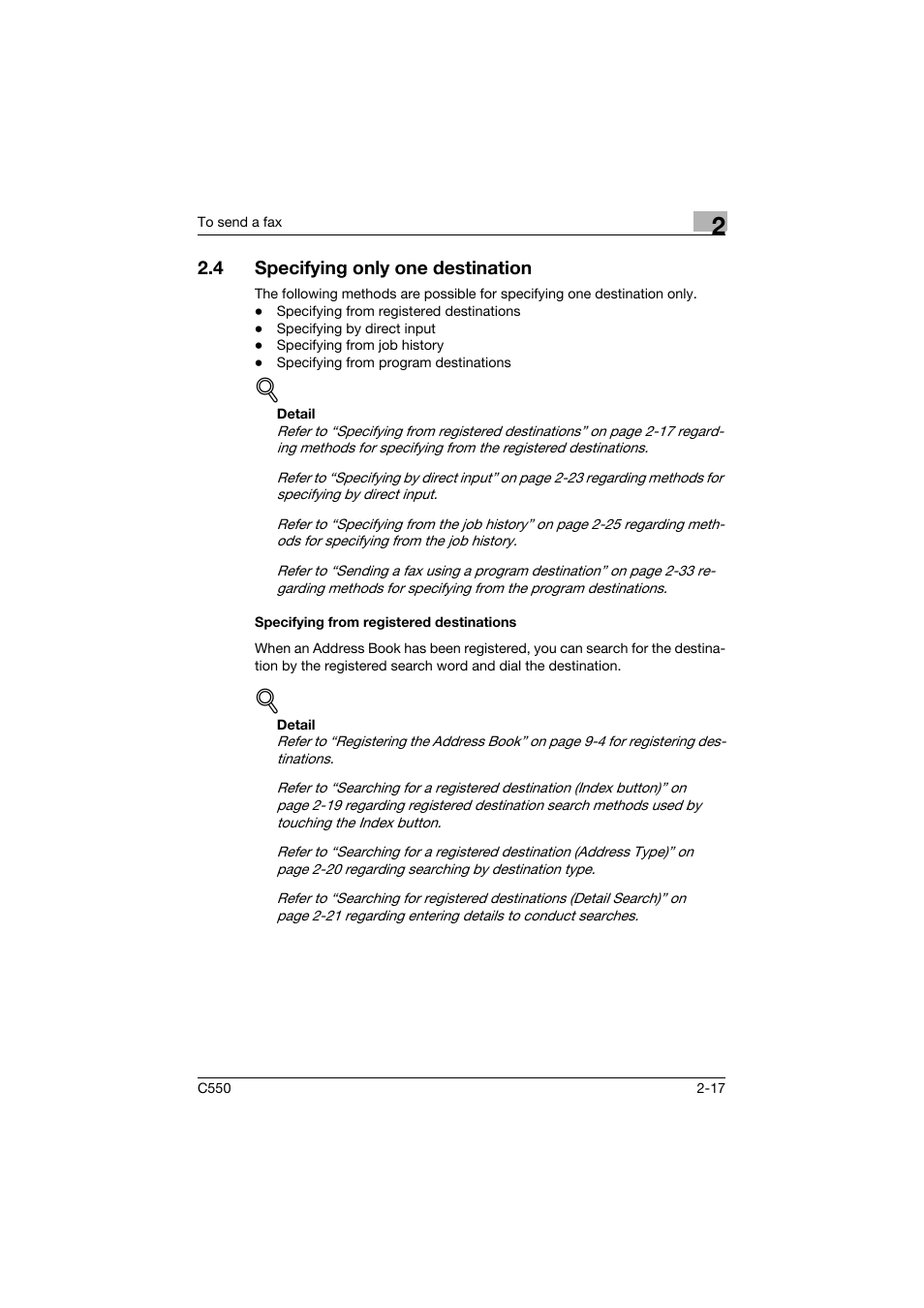 4 specifying only one destination, Specifying from registered destinations, Specifying only one destination -17 | Specifying from registered destinations -17 | Konica Minolta bizhub C550 User Manual | Page 73 / 491