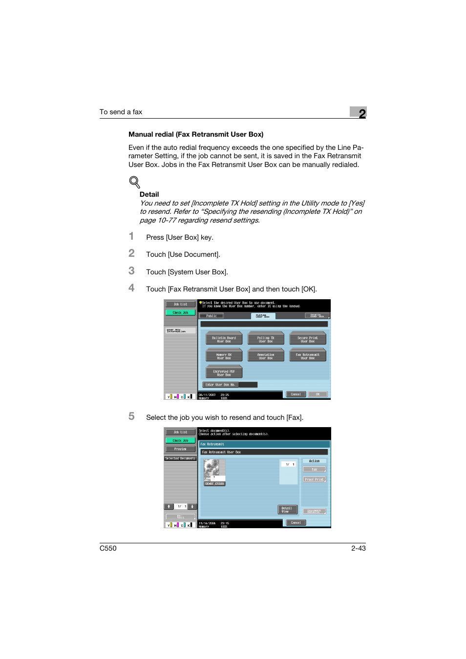 Manual redial (fax retransmit user box), Manual redial (fax retransmit user box) -43 | Konica Minolta bizhub C550 User Manual | Page 99 / 491