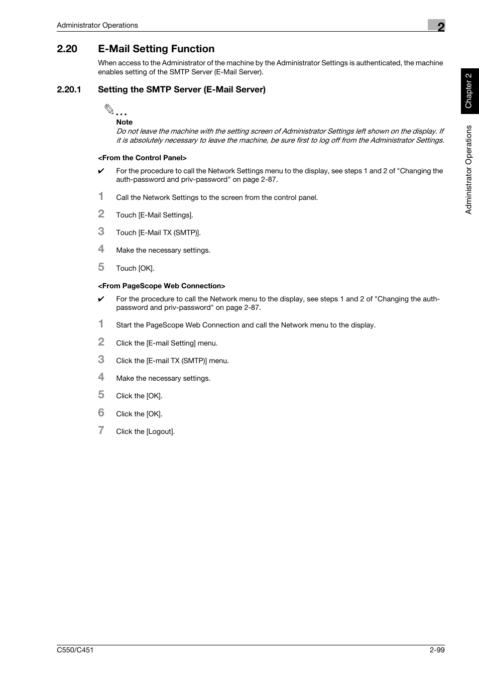 20 e-mail setting function, 1 setting the smtp server (e-mail server), From the control panel | E-mail setting function -99 | Konica Minolta bizhub C451 User Manual | Page 114 / 192