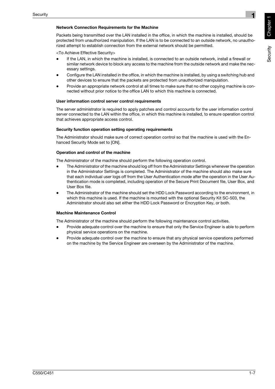 Network connection requirements for the machine, Operation and control of the machine, Machine maintenance control | Konica Minolta bizhub C451 User Manual | Page 12 / 192