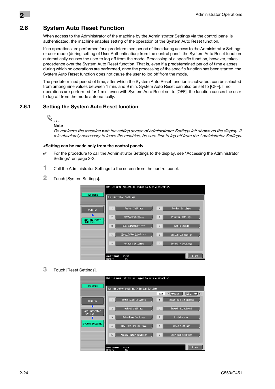 6 system auto reset function, 1 setting the system auto reset function, Setting can be made only from the control panel | System auto reset function -24 | Konica Minolta bizhub C451 User Manual | Page 39 / 192