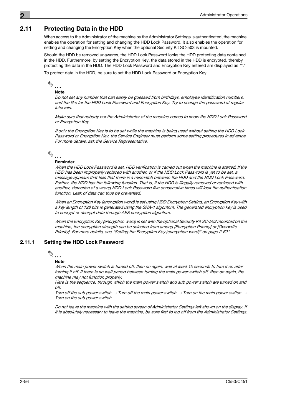 11 protecting data in the hdd, 1 setting the hdd lock password, Protecting data in the hdd -56 | Setting the hdd lock password -56 | Konica Minolta bizhub C451 User Manual | Page 71 / 192