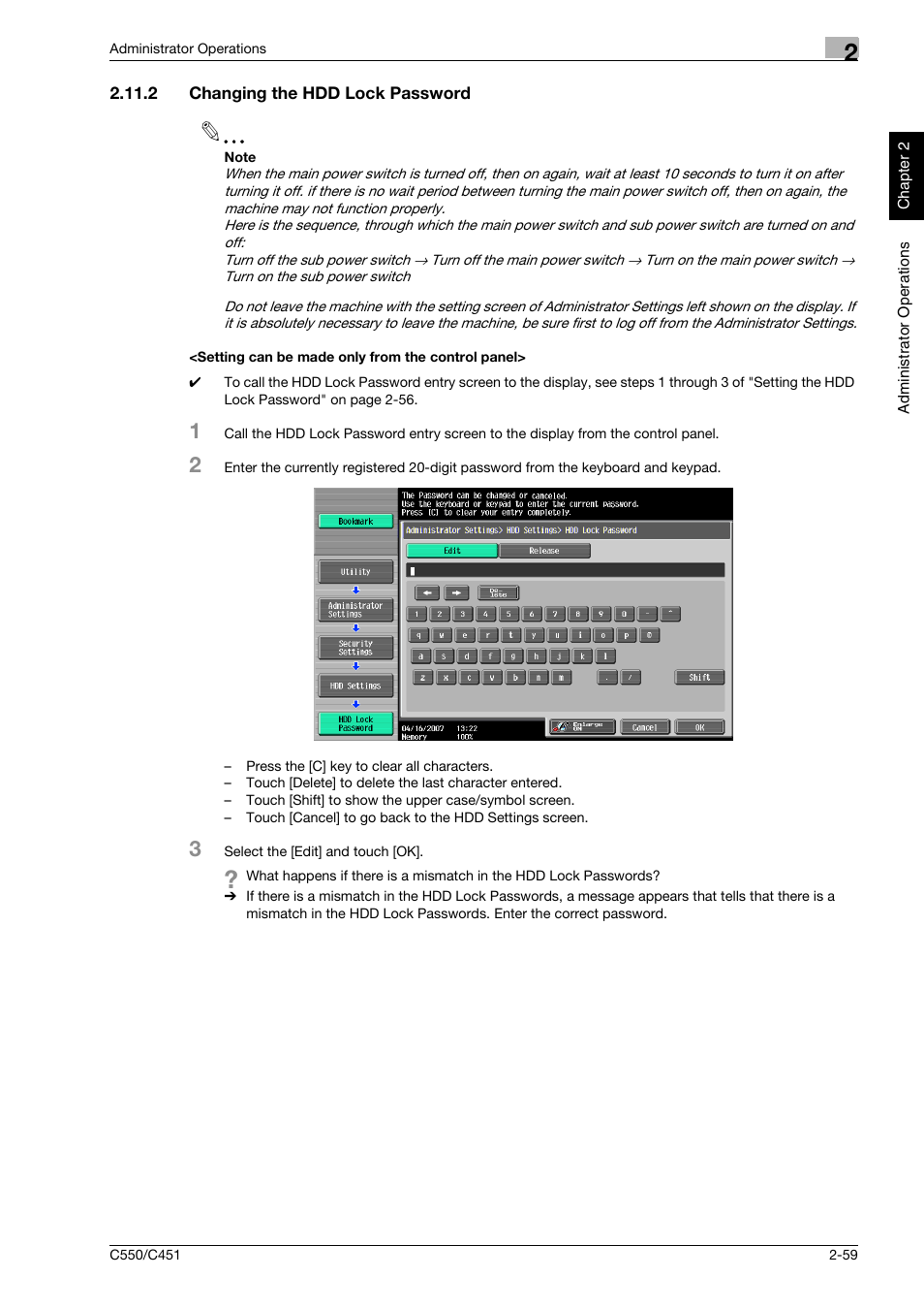 2 changing the hdd lock password, Setting can be made only from the control panel | Konica Minolta bizhub C451 User Manual | Page 74 / 192