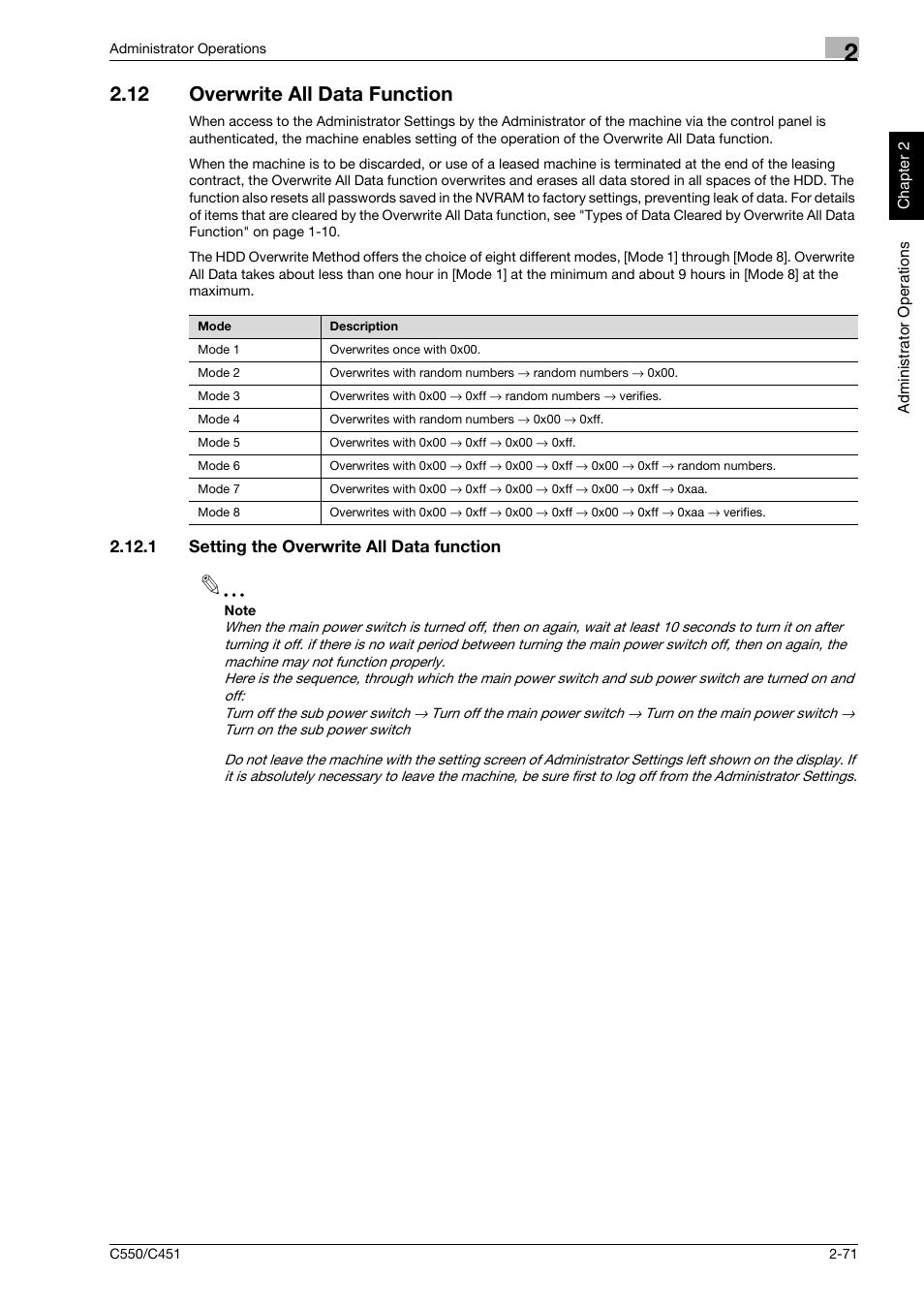 12 overwrite all data function, 1 setting the overwrite all data function, Overwrite all data function -71 | Setting the overwrite all data function -71 | Konica Minolta bizhub C451 User Manual | Page 86 / 192